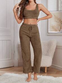 SHEIN 3件套女士休闲毛绒纯色背心、裤子和上衣套装，秋冬季蓬松舒适套装，女士休闲两件套家居服套装 - 棕色 - 查看 6