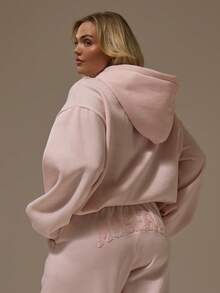 MUSERA 加大码刺绣图案标语连帽衫 秋季可爱舒适节日樱桃漆面情人节休闲 - 粉色 - 查看 4