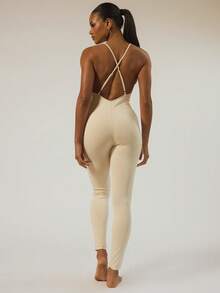 MUSERA ESSENTIALS Strappy Fitted Jumpsuit Catsuit Basic Autumn Winter Casual Going Out Everyday Night Out Sexy Cute Cosy Spring - Beige - View 4