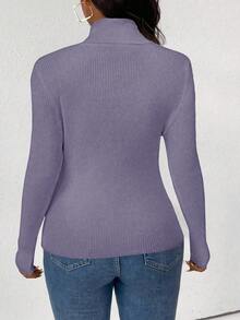 Plus Size Solid Color Turtleneck Ribbed Knit Fitted Long Sleeve Sweater, Autumn/Winter - Lilac Purple - View 2
