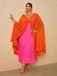 Travachic 大码女式橙色和紫红色拼接褶皱V领长袖宽松派对连衣裙 - 彩色 - 查看 5