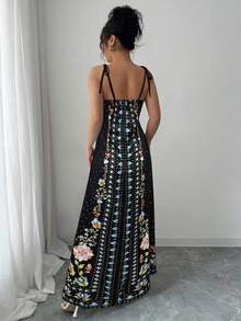 Rafferiza 女士宽松印花吊带连衣裙，度假沙滩装 - 黑色 - 查看 2