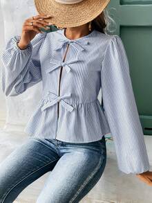 SHEIN Frenchy Breathable Comfortable Striped Cotton-Like Women's Shirt Winter - Blue and White - View 3