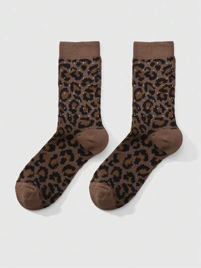 Goth زوج من الجوارب الكاجوال الرجعية المطبوعة بنمط النمر والمزينة بالراين، جوارب ناعمة وقابلة للتنفس، مجموعة متنوعة مناسبة للنساء، رائعة للارتداء اليومي وكهدايا المناسبات