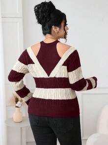 Modelyn Plus Size Elegant Colorblock Cable Knit Sweater, Autumn Fall - Burgundy - View 2
