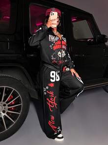 Slaydiva 新款秋冬女装返校套装，商务休闲街头风，复古学院风拉链外套，短款露脐上衣+直筒/阔腿裤套装，印花图案，黑色运动套装两件套 - 黑色 - 查看 3