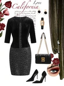 Ellevyn Women's Elegant Shiny Jacket Coat & Shiny Bodycon Mini Dress 2 Pieces Set, Autumn/Winter  Carnival Costume Valentine's Day Black Sparkle Dress Black Glitter Dress Black Sequin Dress Vegas Night Outfit Black And Silver Dress