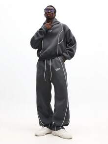 SUMWON Men Oversized Hoodie And Sweatpants Coordinated Set With White Piping Details And Front Logo - Grey - View 1