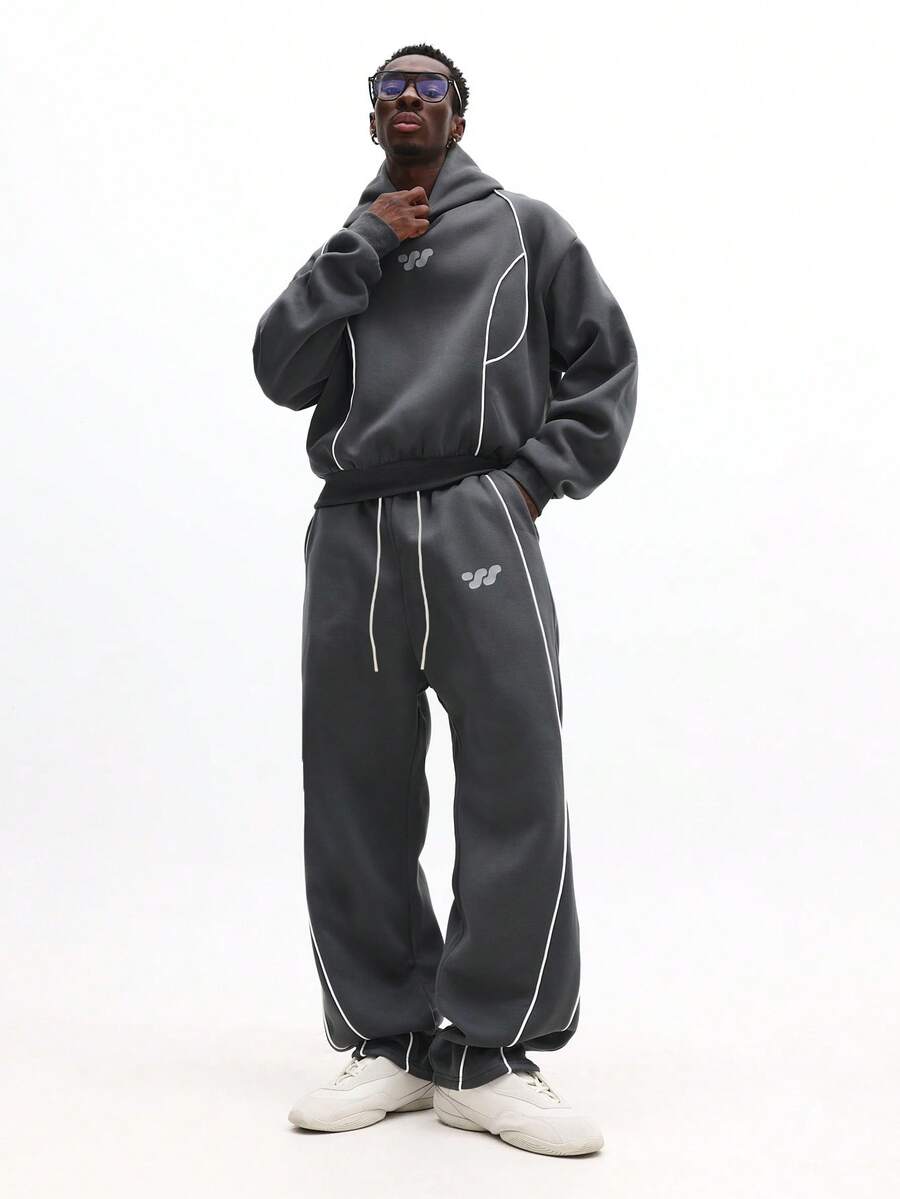 SUMWON Men Oversized Hoodie And Sweatpants Coordinated Set With White Piping Details And Front Logo - Grey - View 1