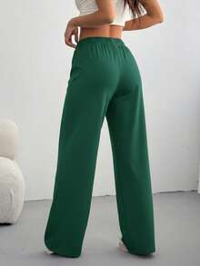 SHEIN EZwear 大码女式纯色休闲低腰抽绳宽松直筒运动裤 - 墨綠色 - 查看 2