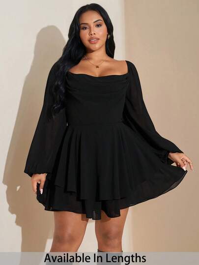 SHEIN Tall CURVE Salopetă de damă mărime plus, primăvară/vară, mânecă lungă, zi de zi/festival/întâlnire/petrecere, decolteu larg, drapat, crăpături, negru, solid, linie A, satin, dulce, sexy, pentru vacanță