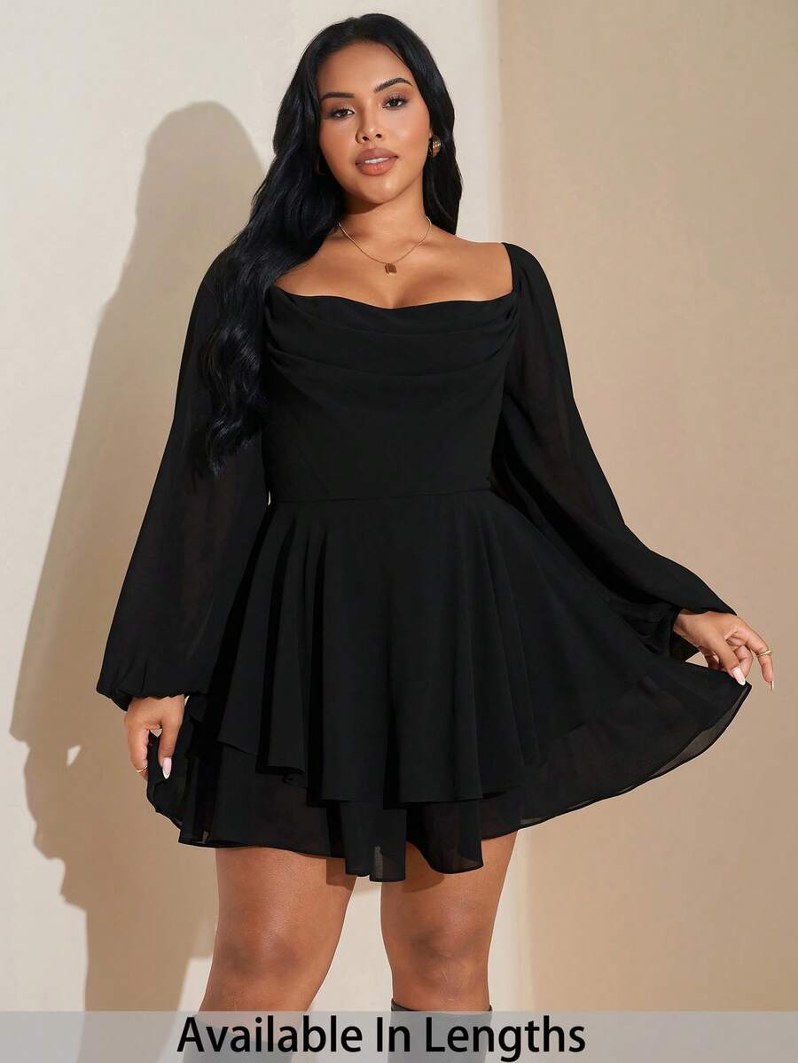 SHEIN Tall CURVE Plus Size Women's Spring/Summer Long Sleeve Daily/Festival/Date/Party Loose Draped Neck Ruched Slit Black Solid A-Line Satin Sweet Sexy Romper For Vacation - Black - View 1
