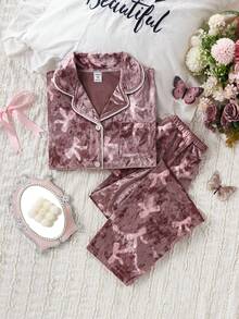 Set Musim Dingin 2pcs/Set Cardigan Lengan Panjang dan Celana Motif Bunga Pita Beludru Lucu, Pakaian Santai Nyaman untuk Anak Perempuan - MultiWarna - View 4