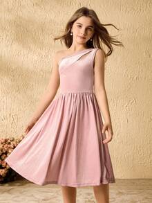 Tween Girls Elegant Velvety Pink Dress With Asymmetric Sequin Cutout Waist Design, Snug Fit - Pink - View 3