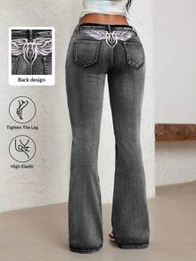 SHEIN Unity Plus Size Y2K Streetwear Embroidered Flare Jeans - Dark Grey - View 1