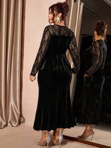 Cravure Bộ 2 món áo ren cổ chữ V tay dài thanh lịch và chân váy nhung đuôi cá cho nữ - màu đen - Xem 2