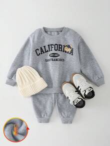 THE HAPPY LOOK 2pcs/Set Young Boy Letter Graphic Soft Knit Crew Neck Long Sleeve Pullover Pullover Sweatshirt And Elastic Waist Jogger Pants - Grey - View 3