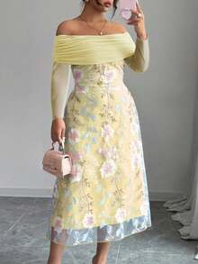Modelyn Vestido plisado de manga larga con hombros descubiertos, parches de malla y bordados para mujer de talla grande - Amarillo - Ver 7