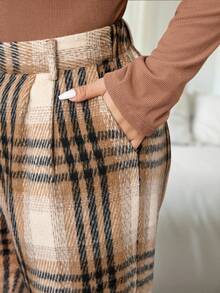 Flirla Plus Size Women Elegant Khaki Plaid Slant Pocket Straight Leg Pants, Autumn/Winter Plaid Pants Pattern Pants Western Pants Checkered Pants - Khaki - View 4