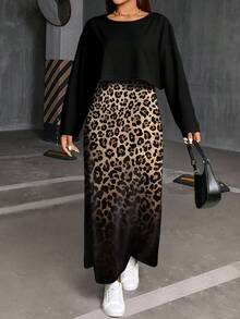 SHEIN Essnce 两件套加大码女式渐变豹纹印花休闲圆领长袖T恤和吊带裙，秋冬款 - 彩色 - 查看 3