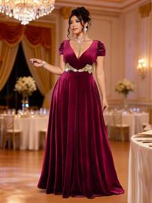 Cravure Váy dự tiệc nhung cỡ lớn cho nữ, cổ chữ V, viền xếp nếp sequin, váy dự tiệc cao cấp sang trọng - Màu Đỏ Sâu - Xem 5