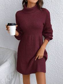 SHEIN Frenchy Turtleneck Lantern Sleeve Knitted Dress In Fall/Winter Christmas
