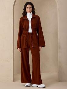 Graceveil 女士休闲拉链喇叭裤阿拉伯风格套装，秋冬款 - 咖啡棕 - 查看 4