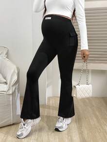 SHEIN Maternity Casual Solid Color Cargo Leggings - Black - View 4