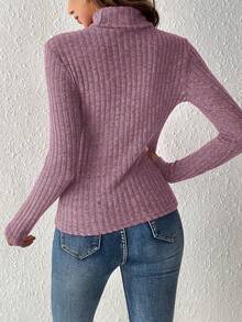 SHEIN Frenchy 女式纯色高领罗纹修身休闲长袖 T 恤 - 中紫紅色 - 查看 2