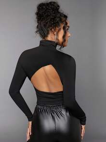 Silquee Hollow Out Back Design Half High Neck T-shirt For Women - Black - View 2