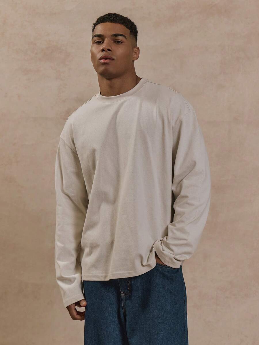 Musero Men Oversized Boxy Long Sleeve Essential Everyday T-Shirt SPRING SUMMER Capsule Basics Wardrobe - Apricot - View 1