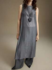 Ontre Women's Round Neck Sleeveless Semi-Sheer Blouse, Side Button Long Top, Suitable For Urban Commute, Business, Casual, Christmas, New Year Party