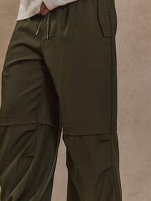 Musero Men Wide Leg Baggy Knee Overlay Panels Ruched Double Style Waistband Elasticated Drawstring Waist Pants SPRING SUMMER - Army Green - View 5