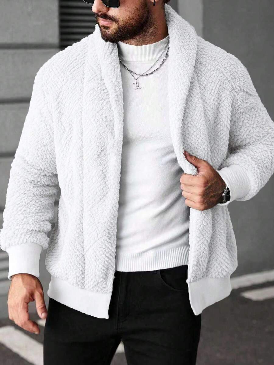 Manfinity CasualCool Men's Casual Plush Long Sleeve Jacket, Autumn/Winter Men Zip Up Jacket White Jacket Men Men Sweater Jacket