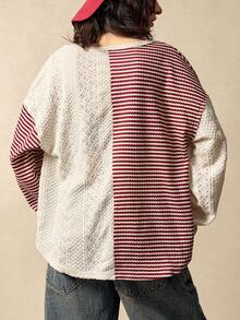 Bohemela 圣诞新年休闲针织条纹拼接纯色面料长袖圆领宽松女式卫衣，冬季