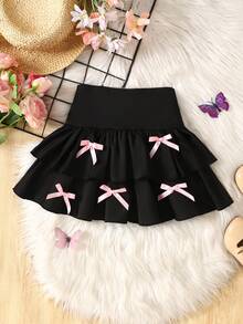 SHEIN Girlism 少女休闲、运动、校园、返校季、黑色层叠荷叶边裙短裤，蝴蝶结装饰，甜美又酷炫，黑粉色，春夏，清爽，基础款，日常百搭，运动时尚夏季，返校季，校服 - 黑色 - 查看 3