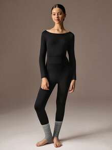 SHEIN Schlanksitz Ballettanzug für Teenager Mädchen, langärmlig, geeignet für Sport, Laufen, Radfahren, Fitness, modischer goldener Dekor schwarzer Jumpsuit mit hoher Dehnbarkeit und Komfort - Schwarz - Übersicht 1