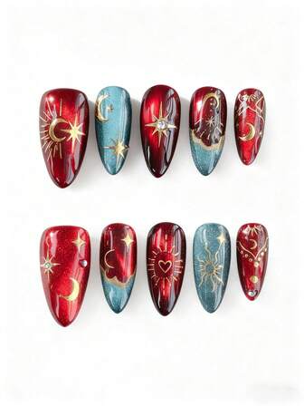 Fairycore 10 Stücke handbemalte Künstliche Nägel mit Stern- und Mond-Elementen + 3 Stücke doppelseitiges Klebeband, hochwertige gebohrt Katzenauge rot und blau kontrastfarbige abnehmbare mittlere mandelförmige Trageschutzausrüstung, sehr geeignet für Feierlichkeiten, Abschlussbälle und den täglichen Gebrauch.