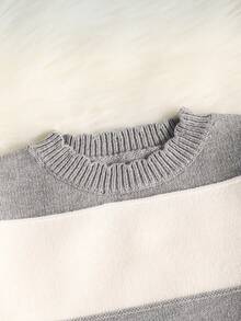 Elladie kids 2 件套女童条纹撞色针织毛衣和荷叶边下摆裤套装，舒适休闲装，适合秋冬 - 灰色 - 查看 3