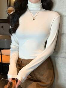 DAZY Women's Basic Solid Color Turtleneck T-Shirt, Autumn/Winter Long Sleeve Women - White - View 3