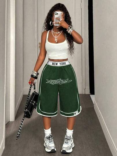 SHEIN PETITE Women's Casual Sports Shorts With Colorful Patchwork Decoration, New York Design