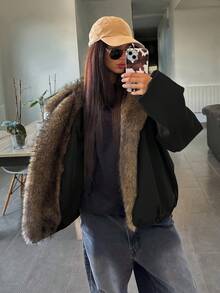 DAZY 女士拼接毛领宽松长袖连帽休闲街头风羽绒服，秋冬款 - 黑色 - 查看 4