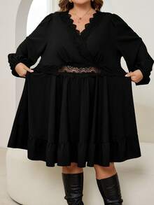 SHEIN CURVE+ Váy ren vá màu trơn thanh lịch cỡ lớn - màu đen - Xem 5