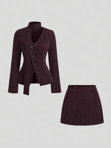 Sweetra 初秋新款韩版套装，棕色条纹设计，V领，收腰，修身时尚女装套装 - 棕色 - 查看 1