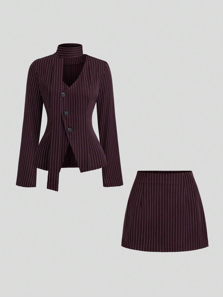 Sweetra 初秋新款韩版套装，棕色条纹设计，V领，收腰，修身时尚女装套装 - 棕色 - 查看 1