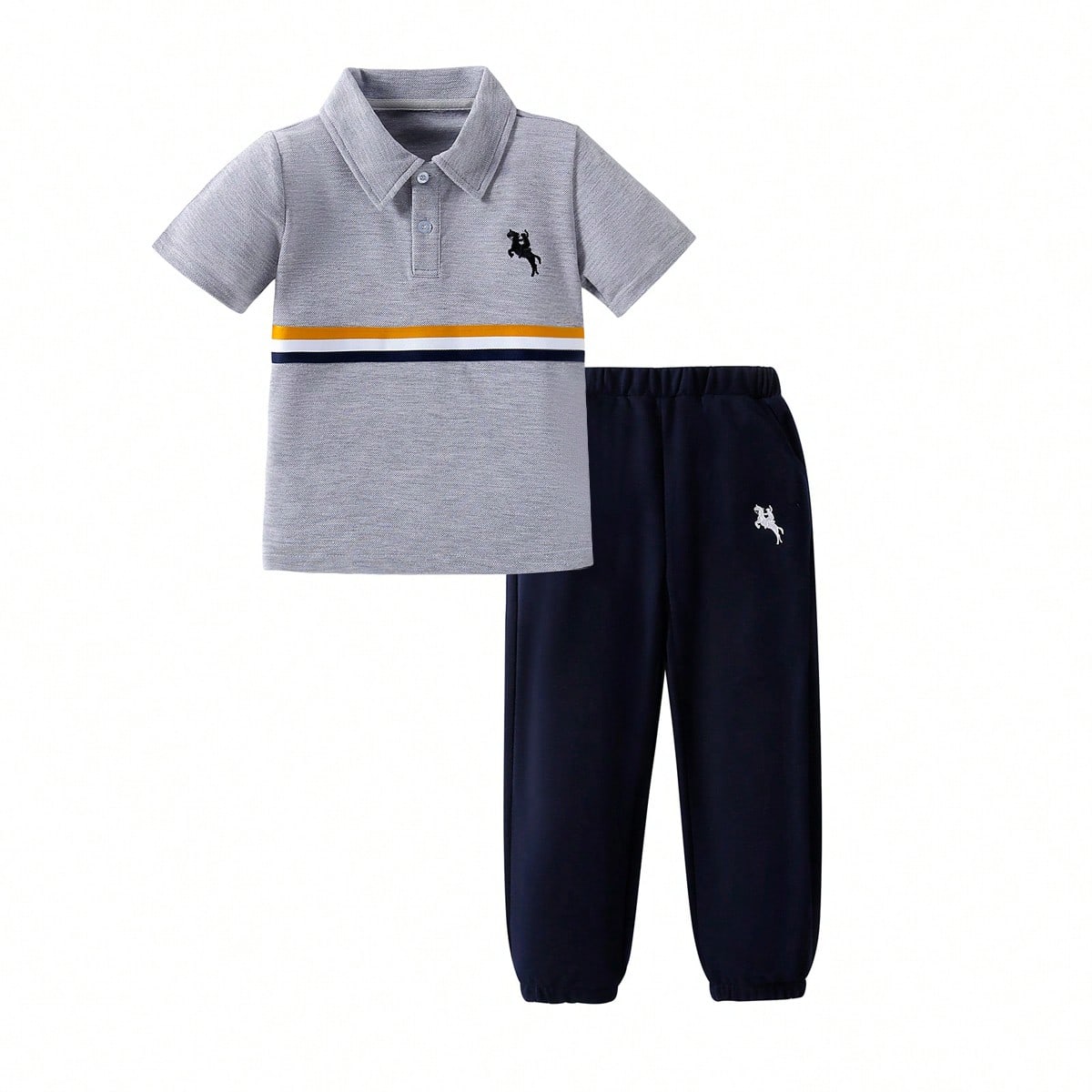 Set de 2 piezas: Camiseta de polo de manga corta con cuello y pantalones con estampado de rayas para niño pequeño estilo caballero, conjunto informa