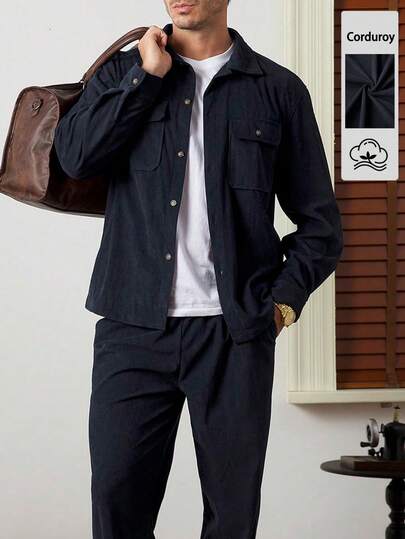 Core Aspect 男士纯色灯芯绒休闲衬衫套装，秋冬