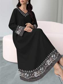 SHEIN Najma 女士佩斯利印花V领长袖优雅阿拉伯风格连衣裙，适合春秋季穿着 - 彩色 - 查看 3