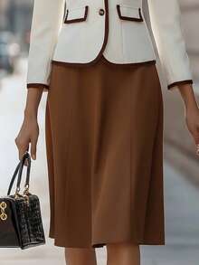 EMERY ROSE Women's Single-Breasted Contrast Trim Blazer & A-Line Skirt Elegant Casual Commute Fashion French Street Vintage Business Holiday Outfit, Apricot Blazer & Brown Skirt, Autumn/Winter 2-Piece Suit - Multicolor - View 3