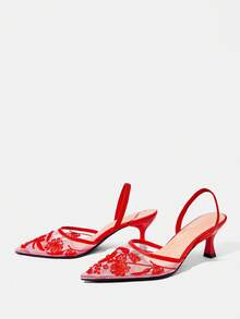 CUCCOO HITCHD 女士时尚黑色花朵优雅派对高跟凉鞋 - 紅色 - 查看 8